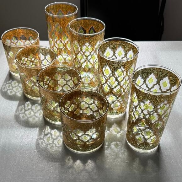 Vintage 60s Culver Valencia 4 Highball and 4 Lowball MCM 22K Gold Glasses - Picture 2 of 5